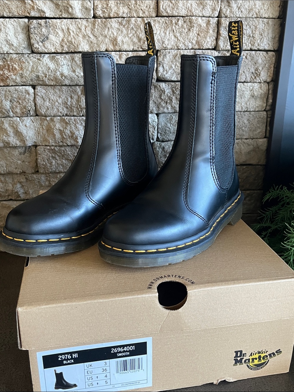 Dr. Martens Black Leather Chelsea Boots with Yellow Welt Stitching